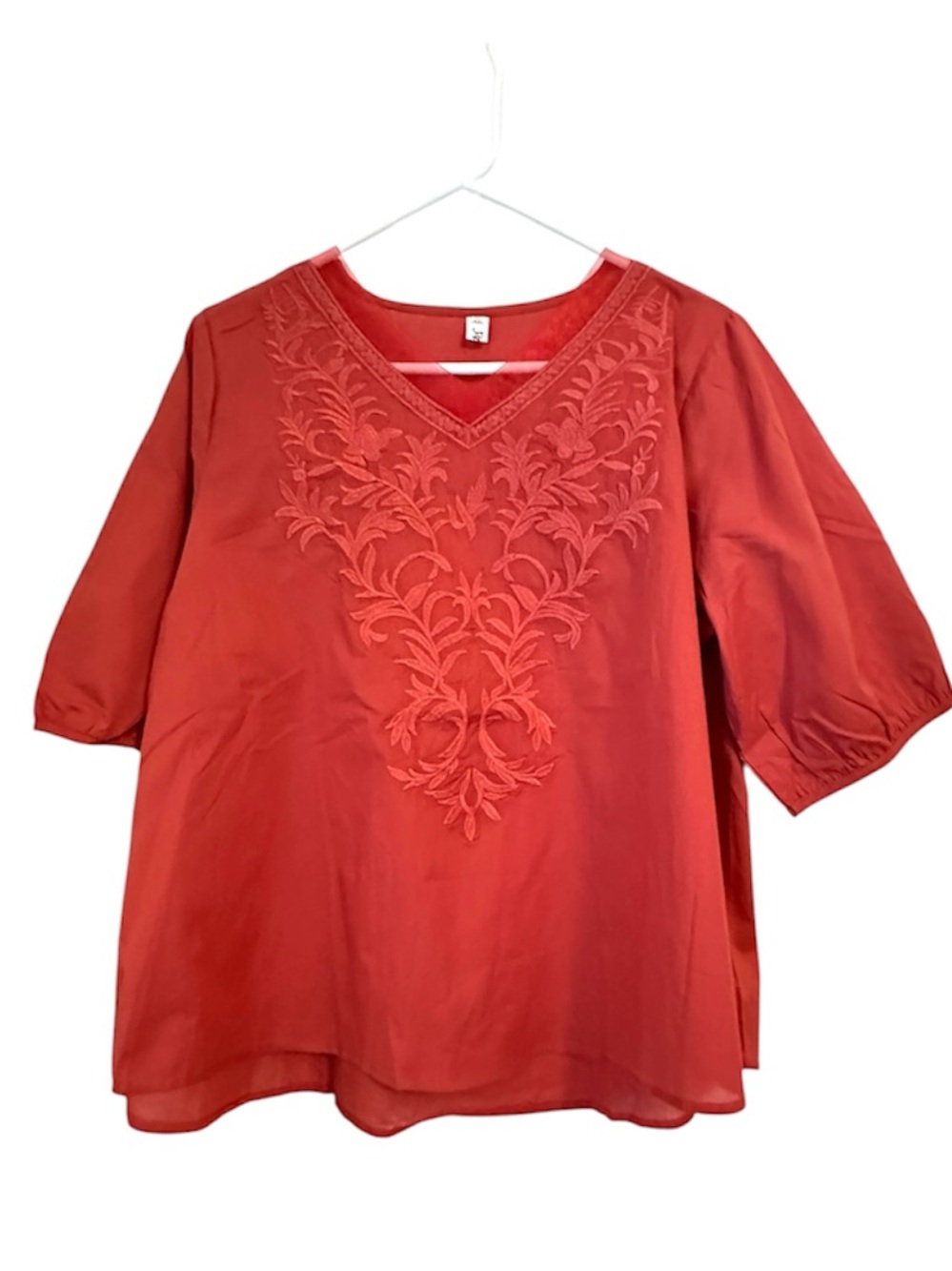 Embroidered V-Neck Tunic Top in Deep Red
